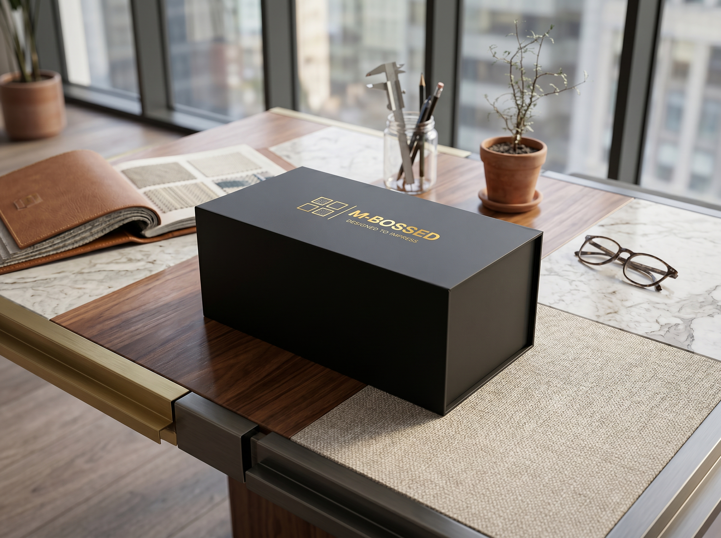 M-Bossed branded sample box on table